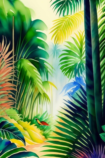 Uma pintura de uma floresta tropical com um pássaro vermelho no lado direito.