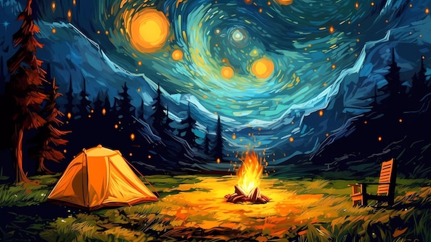 Uma pintura de uma fogueira e o céu noturno estrelado.