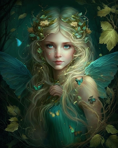 uma pintura de uma garota com longos cabelos loiros e uma coroa de folhas generativ ai