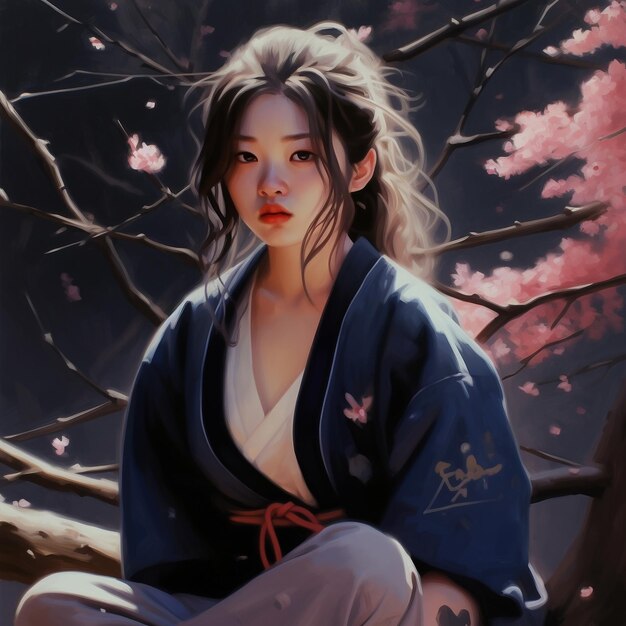 uma pintura de uma garota japonesa de quimono