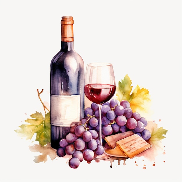 Uma pintura de uma garrafa de vinho e uvas