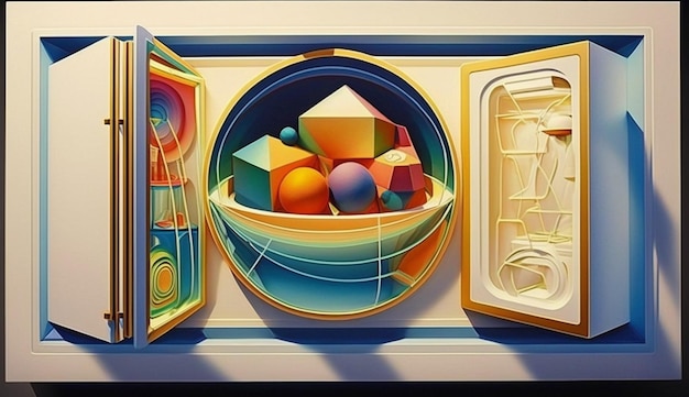 Uma pintura de uma geladeira com uma tigela de comida dentro.