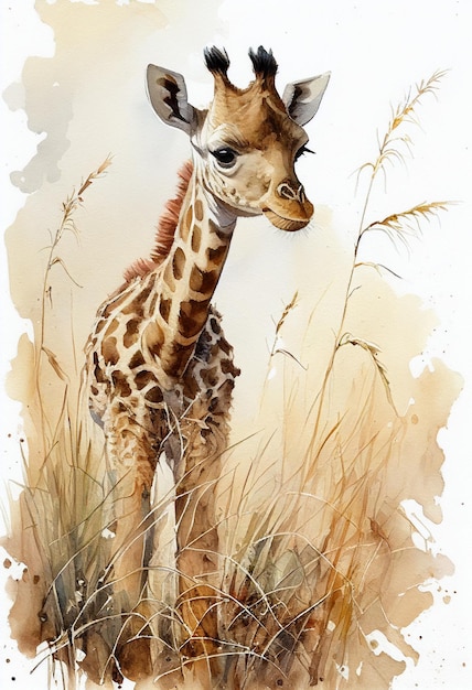 Uma pintura de uma girafa bebê na grama alta