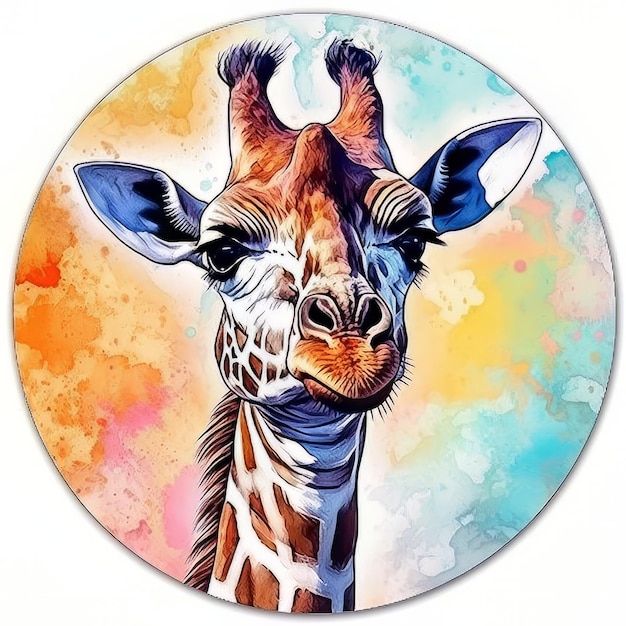 Uma pintura de uma girafa com um fundo colorido.