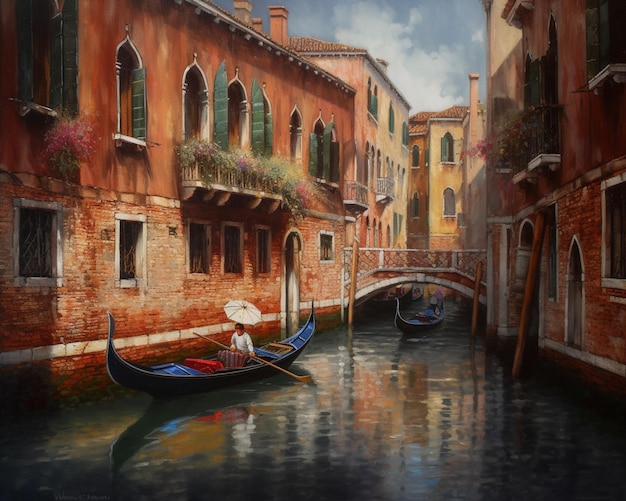 Uma pintura de uma gôndola em Veneza