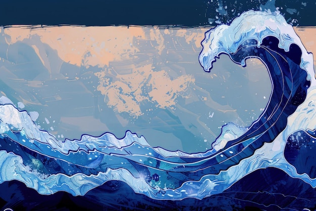 Uma pintura de uma grande onda no oceano