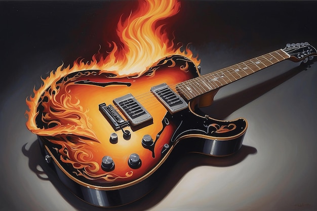 Uma pintura de uma guitarra que tem chamas nela