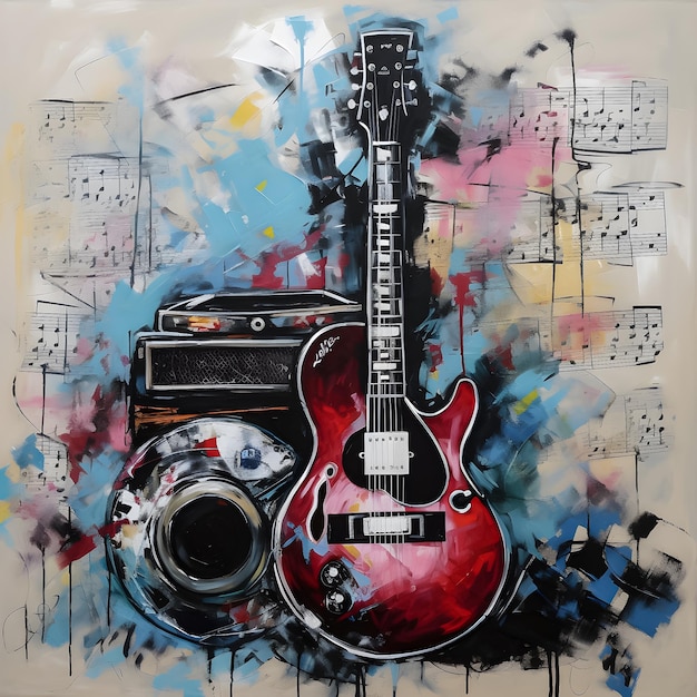 Uma pintura de uma guitarra vermelha e alto-falante.