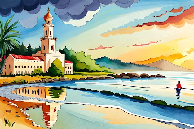 Uma pintura de uma igreja à beira-mar
