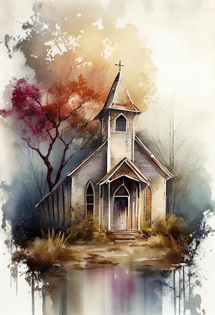 Uma pintura de uma igreja com uma árvore ao fundo