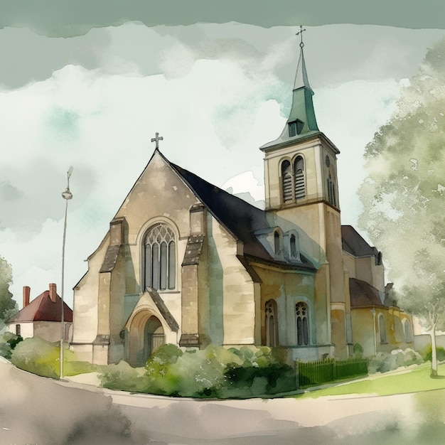 uma pintura de uma igreja com uma cruz no topo.
