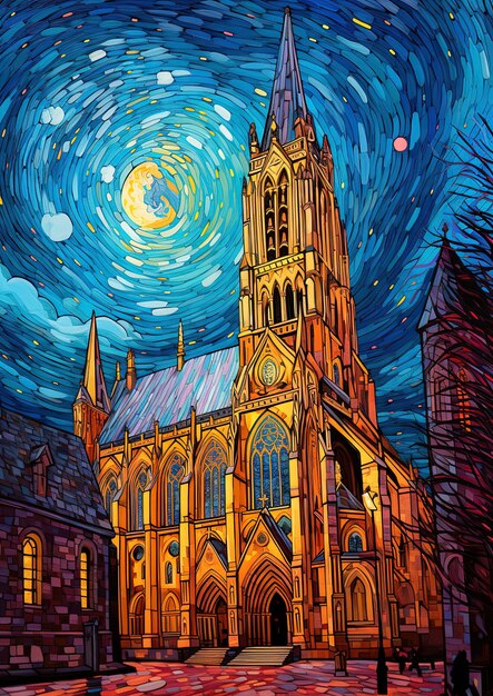 Foto uma pintura de uma igreja com uma lua no céu