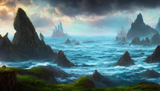 uma pintura de uma ilha no meio do oceano
