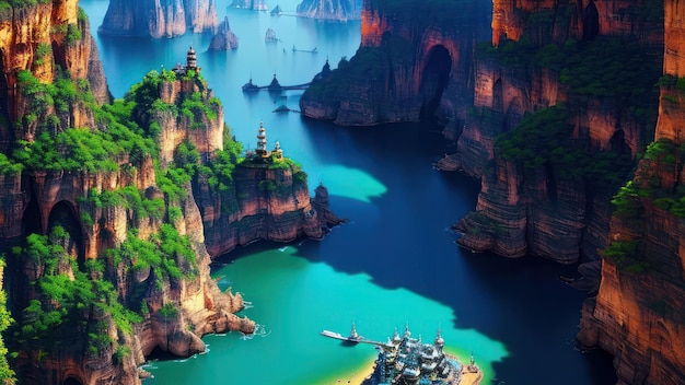 Uma pintura de uma ilha rochosa com um castelo no topo.