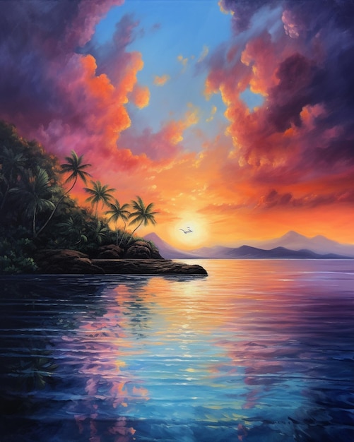 Uma pintura de uma ilha tropical com um pôr do sol ao fundo.