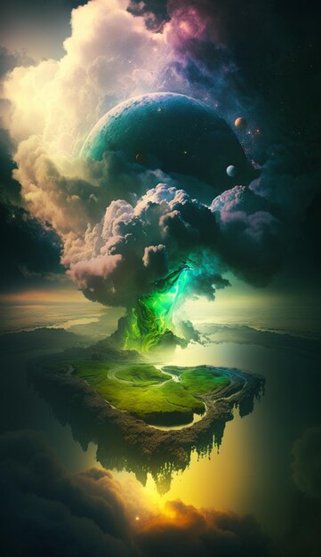 Uma pintura de uma ilha verde com um planeta verde no meio.