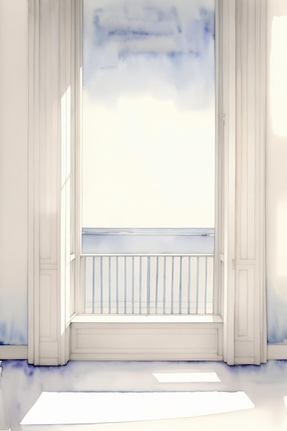 Uma pintura de uma janela com vista para o oceano