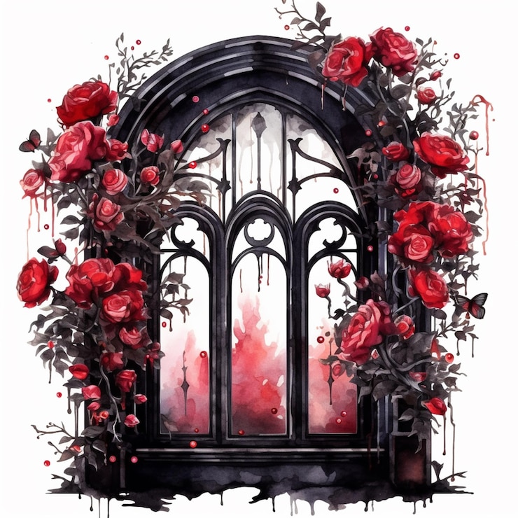 Foto uma pintura de uma janela gótica com rosas e sangue gotejando por ela ai generativa