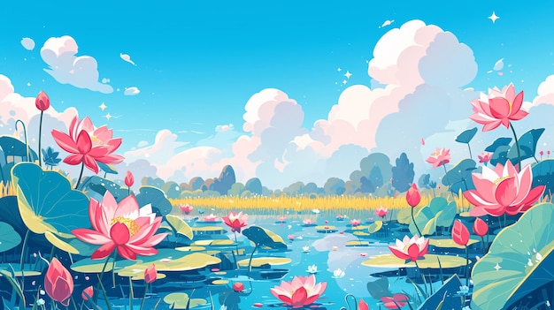 uma pintura de uma lagoa com flores e pássaros no céuIlustrações dos vinte e quatro termos solares