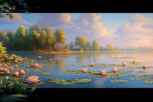 Foto uma pintura de uma lagoa com lírios de água cor-de-rosa e árvores.