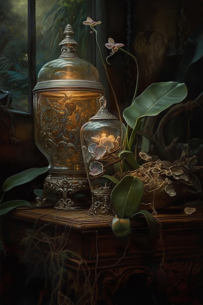 Uma pintura de uma lâmpada e uma jarra de vidro com flores brancas.