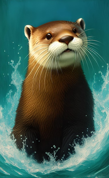 Uma pintura de uma lontra vermelha na água
