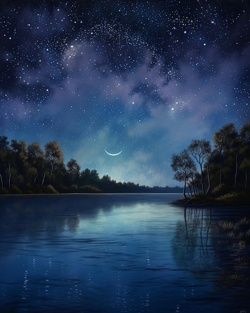 Uma pintura de uma lua crescente sobre um rio com um céu estrelado.