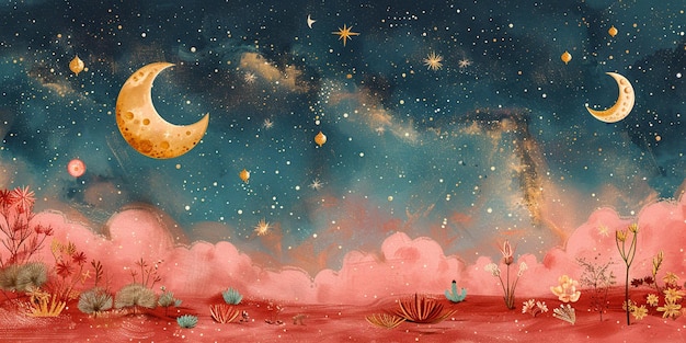 uma pintura de uma lua e as estrelas no céu