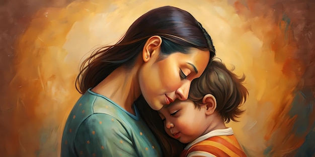 uma pintura de uma mãe confortando seu filho fundo abstrato