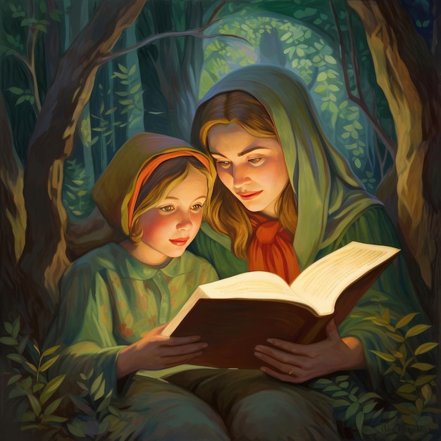 Uma pintura de uma mãe e filha lendo um livro