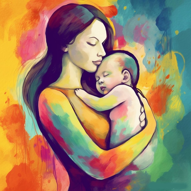 Uma pintura de uma mãe segurando um bebê.