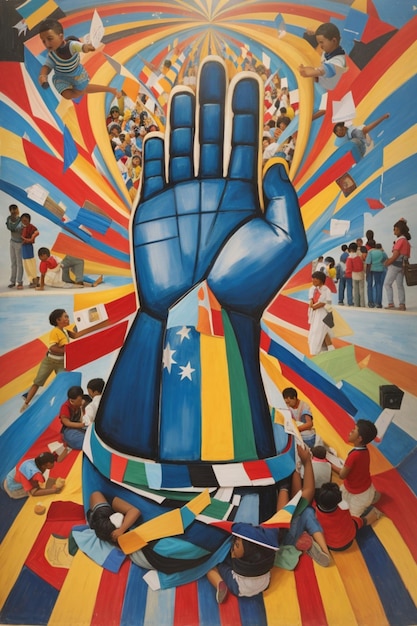 Uma pintura de uma mão com uma grande mão azul