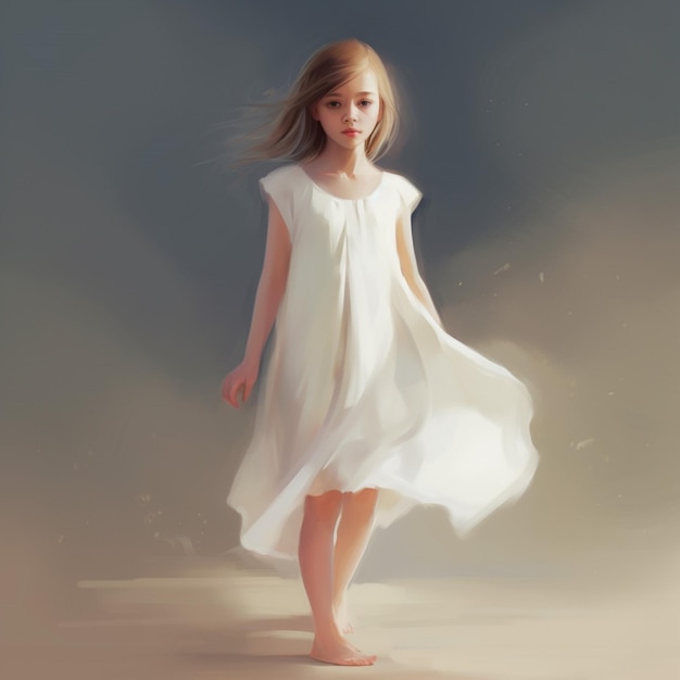 Uma pintura de uma menina andando em um vestido branco com a palavra "on it".