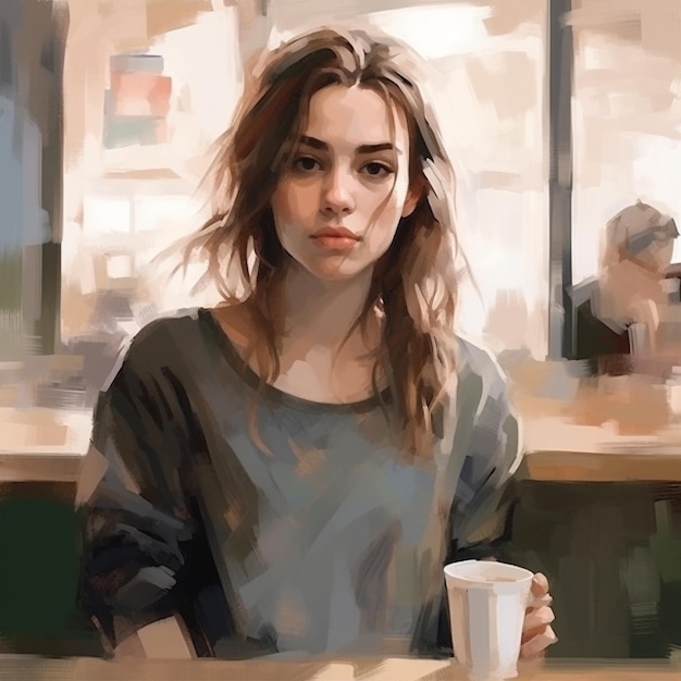 uma pintura de uma menina bebendo uma chávena de café