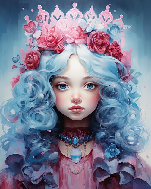 uma pintura de uma menina com cabelo azul e um chapéu de flores rosas