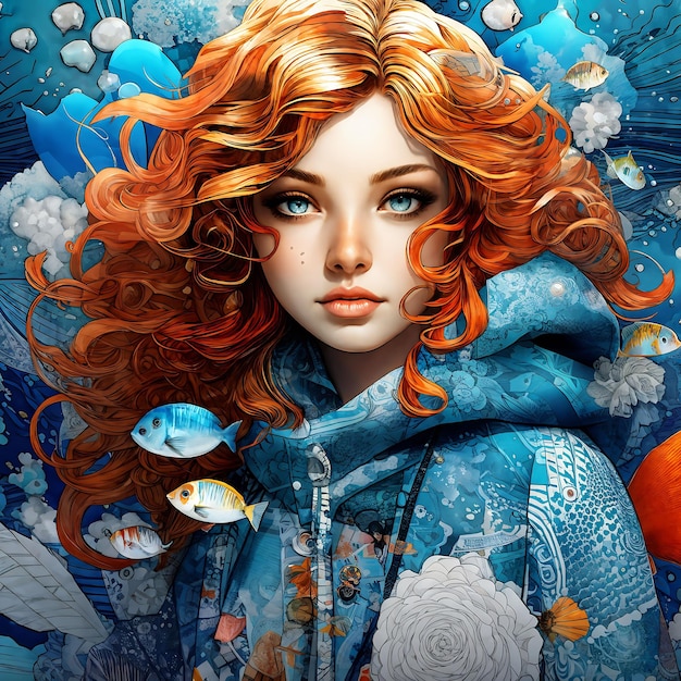 uma pintura de uma menina com cabelo vermelho e um lenço azul com as palavras citação vermelha sobre ele