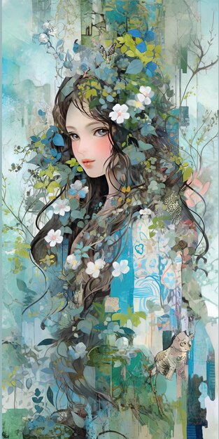 uma pintura de uma menina com cabelos longos e um vestido azul com flores em seu cabelo