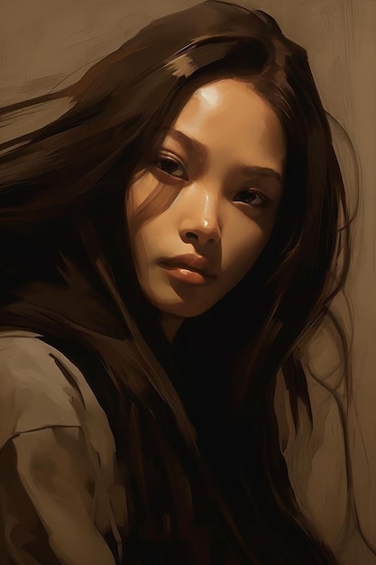 Uma pintura de uma menina com cabelos longos e uma camisa cinza.