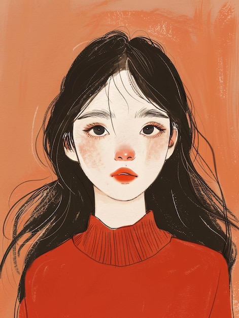 uma pintura de uma menina com cabelos pretos longos e uma camisa vermelha com cabelos longos pretosIlustrações de ser