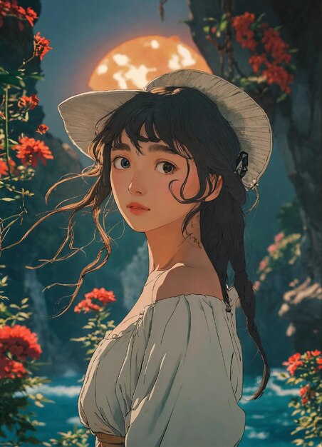 uma pintura de uma menina com um chapéu e uma luz solar atrás dela