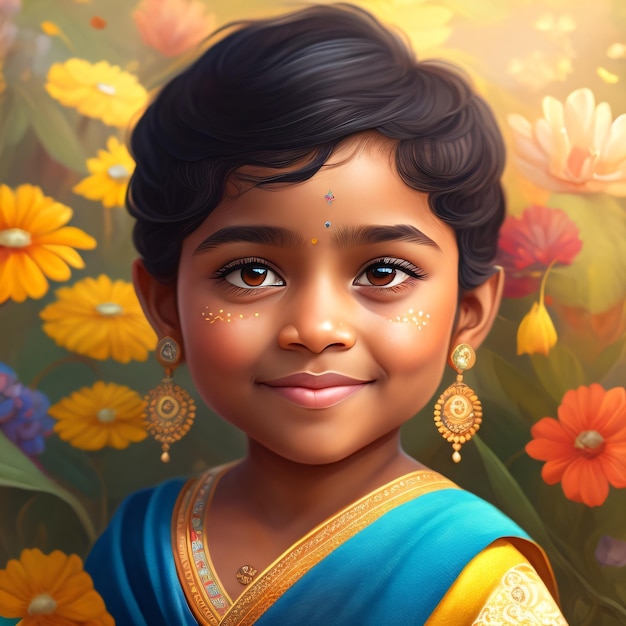 Uma pintura de uma menina com um saree azul e flores amarelas.