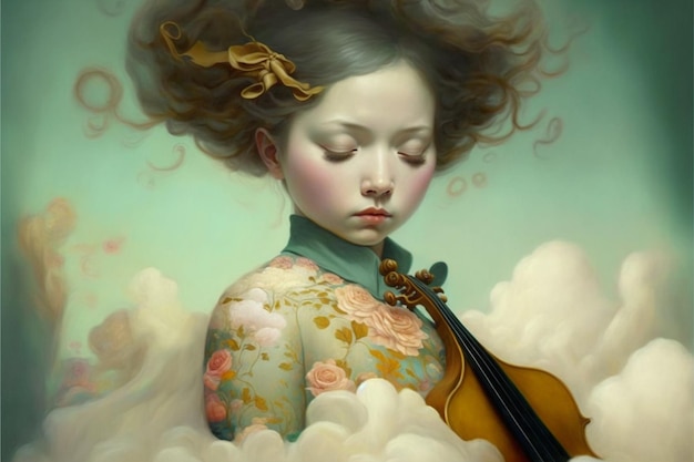Uma pintura de uma menina com um violino nas nuvens