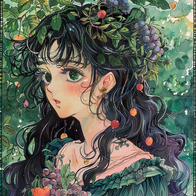 uma pintura de uma menina com uma flor no cabelo