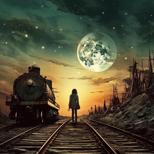 uma pintura de uma menina de pé em um trilho de trem com uma lua cheia no fundo