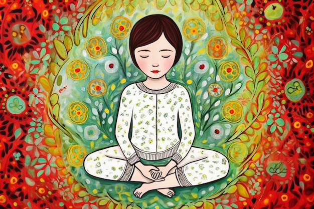 Uma pintura de uma menina de pijama com as palavras "meditação" na parte inferior.