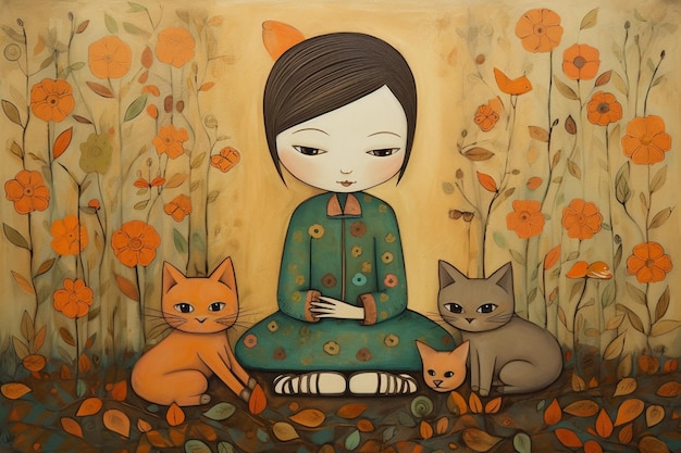 Uma pintura de uma menina e três gatos