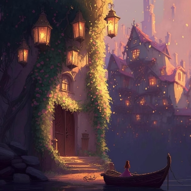 Uma pintura de uma menina em um barco em frente a um castelo com uma lanterna no telhado.