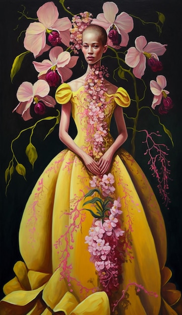 Uma pintura de uma menina em um vestido amarelo com orquídeas