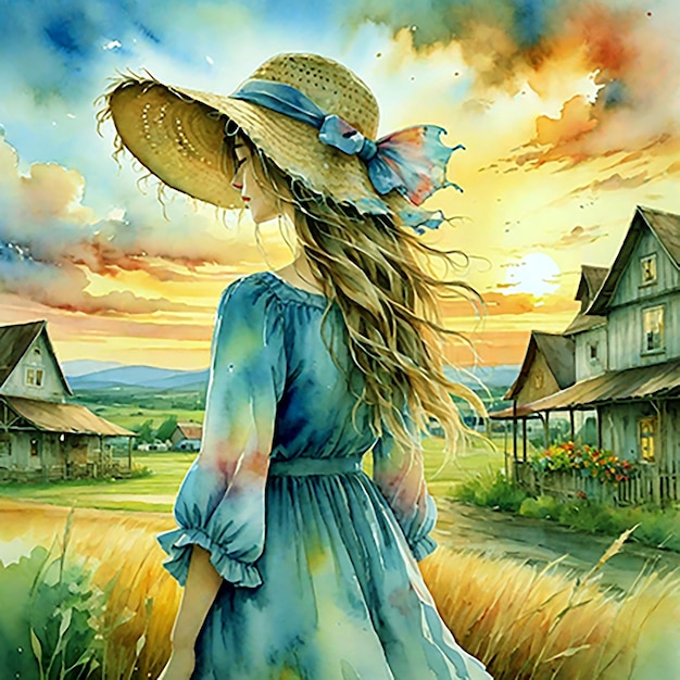uma pintura de uma menina em um vestido azul e um chapéu com um chapéu de sol nele