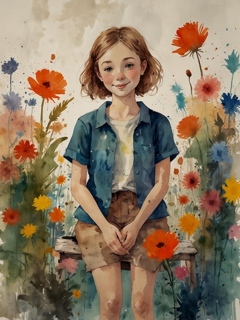 uma pintura de uma menina sentada em uma cadeira com flores no fundo